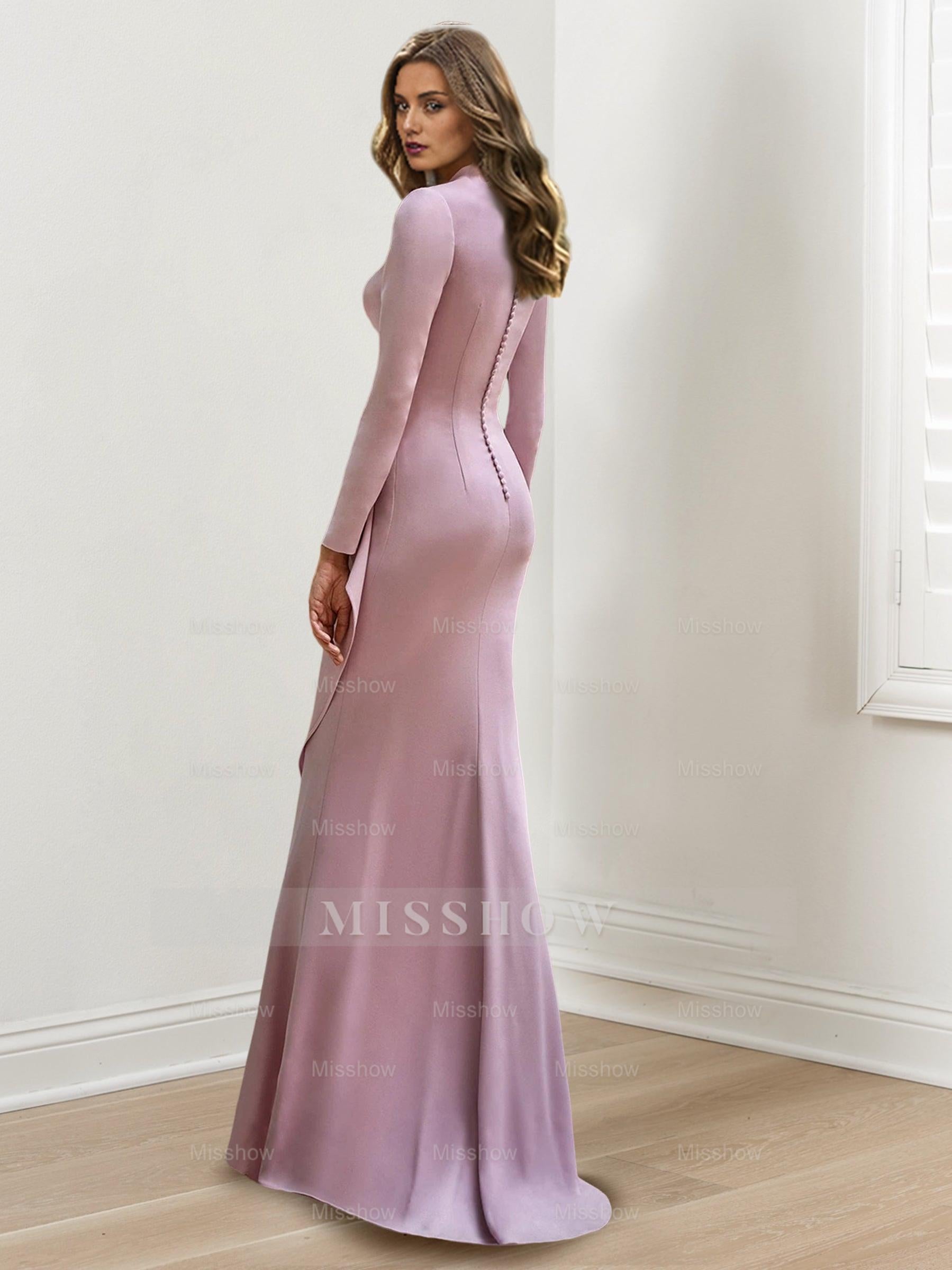 Floor-Length V-Neck Sheath/Column Gown with Long Sleeves and Crepe Beading for Plus-Size Mothers of the Bride