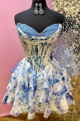 Floral Blue Corset A Line Sweetheart Tiered Short Homecoming Dress