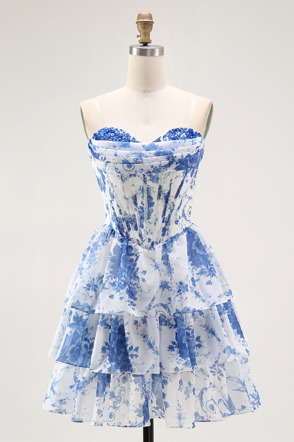 Floral Blue Corset A Line Sweetheart Tiered Short Homecoming Dress