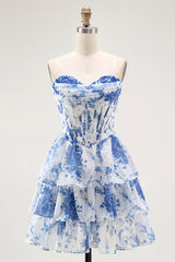 Floral Blue Corset A Line Sweetheart Tiered Short Homecoming Dress