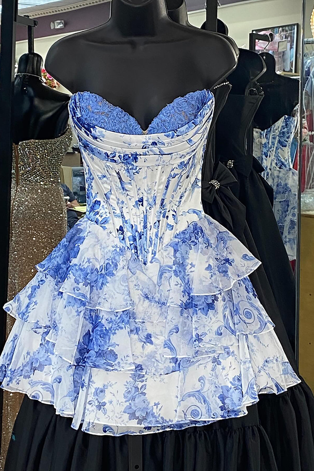 Floral Blue Corset A Line Sweetheart Tiered Short Homecoming Dress