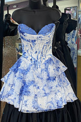 Floral Blue Corset A Line Sweetheart Tiered Short Homecoming Dress