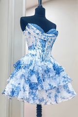 Floral Blue Corset A Line Sweetheart Tiered Short Homecoming Dress