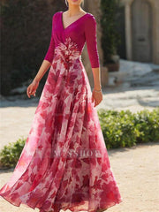 Floral Mother of the Bride Dress with V Neck and 3/4 Sleeves in A-Line/Princess Style