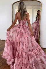 Floral Printed Blush Corset Prom Dress with Spaghetti Straps and A-Line Long Silhouette