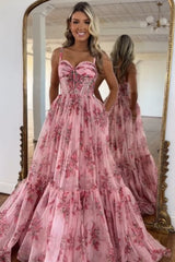 Floral Printed Blush Corset Prom Dress with Spaghetti Straps and A-Line Long Silhouette