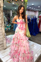 Pink strapless split-front mermaid prom dress