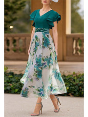 Floral V-Neck A-Line Princess Short Sleeve Ankle-Length Mother of the Bride Dress