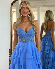 Flowing Blue A-Line Sweetheart Sleeveless Chiffon Prom Dress with Ruffles