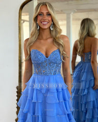 Flowing Blue A-Line Sweetheart Sleeveless Chiffon Prom Dress with Ruffles