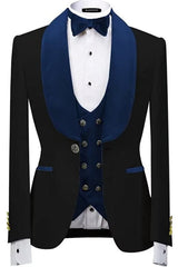Form-Fitting Navy Blue Shawl Collar Three-Piece Velvet Wedding Outfit