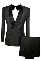 Formal Black Double Breasted Jacquard Groom's Suit With Velvet Lapel