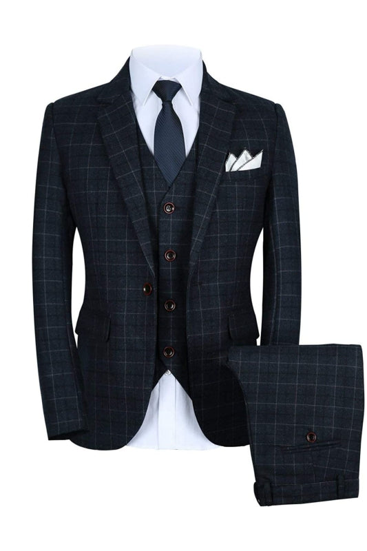 Formal Black Notch Lapel Three-Piece Plaid Business Suit for Men