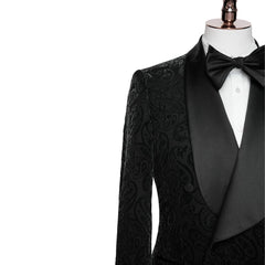 Formal Black Shawl Collar Double Breasted Jacquard Groom's Wedding Suit