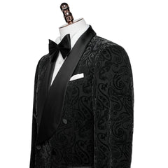 Formal Black Shawl Collar Double Breasted Jacquard Groom's Wedding Suit