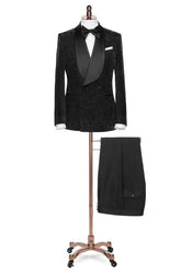 Formal Black Shawl Collar Double Breasted Jacquard Groom's Wedding Suit