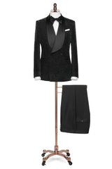 Formal Black Shawl Collar Double Breasted Jacquard Groom's Wedding Suit