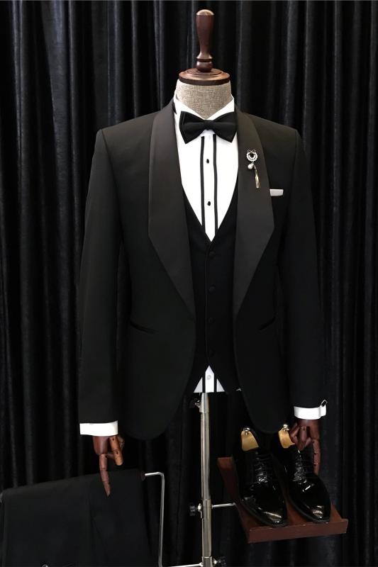 Formal Black Shawl Lapel Three-Piece Suit for Men
