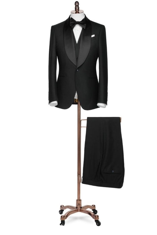 Formal Black Shawl Lapel Three-Piece Suit for Weddings