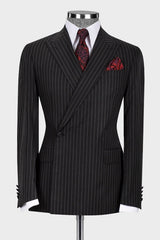 Formal Black Striped Bespoke Peaked Lapel Business Suit
