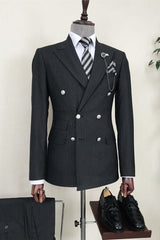 Formal Black Striped Double-Breasted Peak Lapel Business Suit