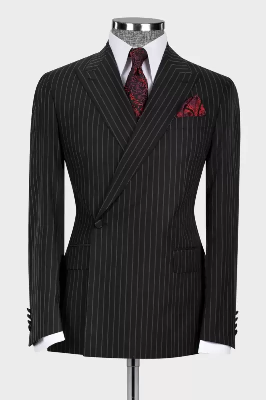 Formal Black Striped Peak Lapel Business Suit