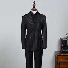 Formal Black Striped Peak Lapel Double Breasted Custom Business Suit