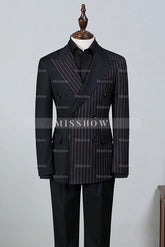 Formal Black Striped Peak Lapel Double Breasted Custom Business Suit