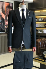Formal Black Three-Piece Peak Lapel Business Suit for Men
