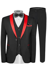 Formal Black Three-Piece Wedding Suit With Red Shawl Collar