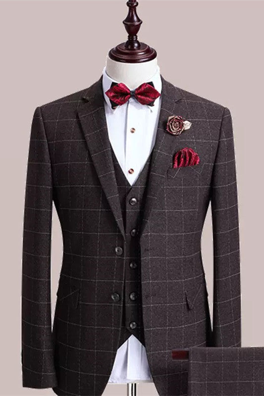 Formal Chocolate Plaid Three-Piece Men's Business Suit