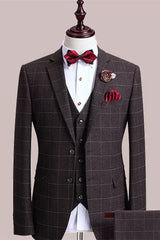Formal Chocolate Plaid Three-Piece Men's Business Suit
