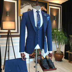 Formal Dark Blue Three-Piece Peaked Lapel Business Men’s Suit