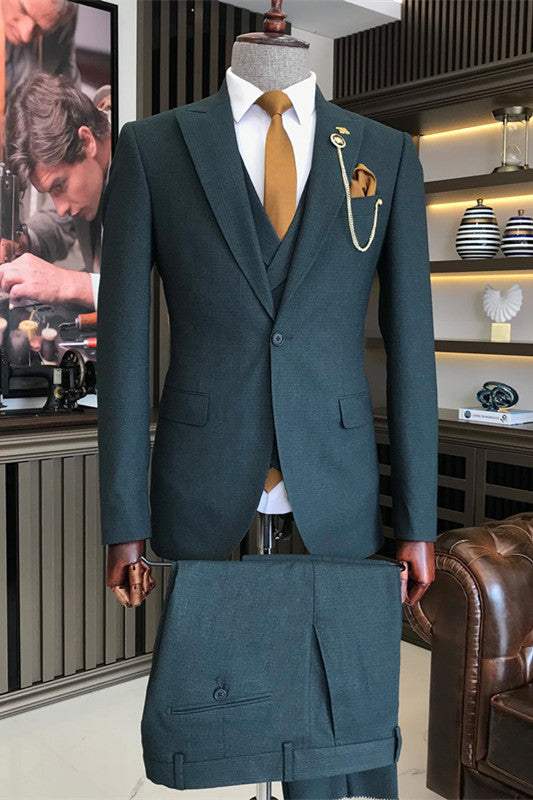 Formal Dark Green Close-Fitting Peaked Lapel Business Suit