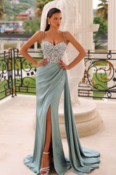 Formal Dress Dusty Sage Satin Spaghetti Strap With Beading Sleeveless