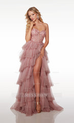 Formal Dress Long Tulle With Slit Gloves Gown V Neck Sleeveless