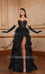 Formal Dress Long Tulle With Slit Gloves Gown V Neck Sleeveless
