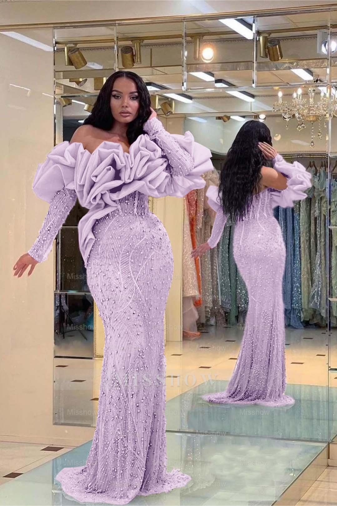 Formal Dress Purple Bubble Sleeves Long Strapless Sequins Beading