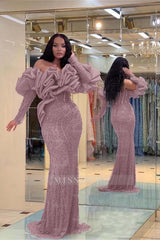Formal Dress Purple Bubble Sleeves Long Strapless Sequins Beading