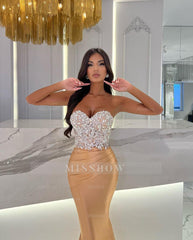 Formal Dress Satin Gold Sweetheart Sleeveless Strapless With Rhinstone Mermaid