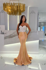 Formal Dress Satin Gold Sweetheart Sleeveless Strapless With Rhinstone Mermaid