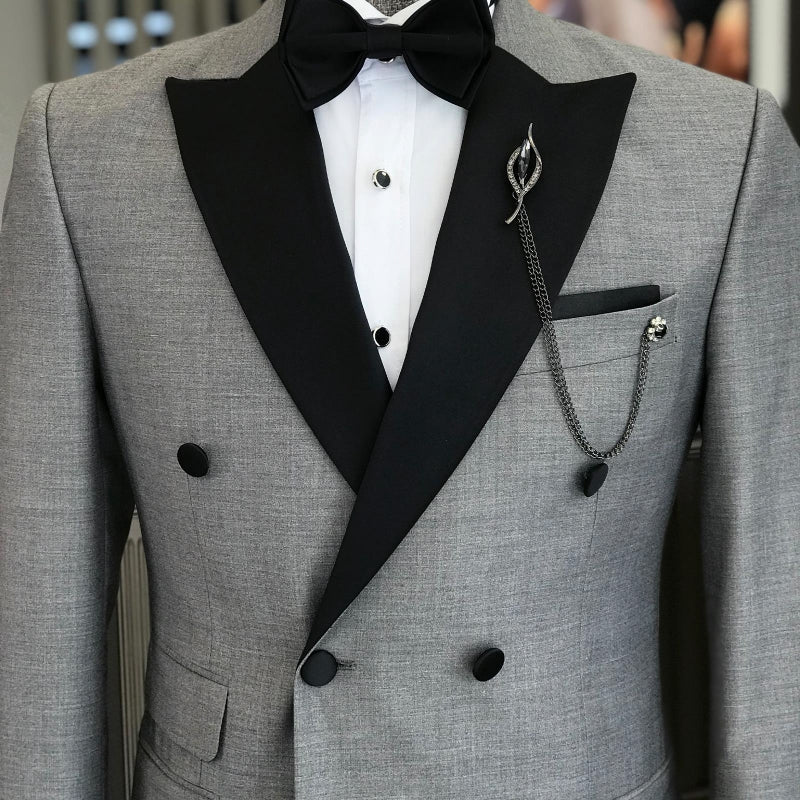 Formal Gray Double Breasted Peaked Lapel Men's Business Suit
