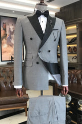Formal Gray Double Breasted Peaked Lapel Men's Business Suit