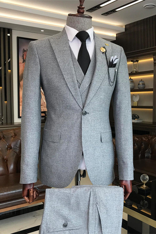 Formal Gray Peak Lapel Three-Piece Men's Business Suit