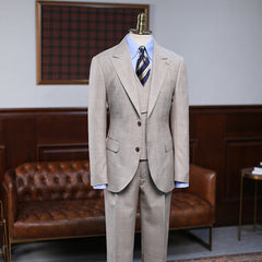 Formal Light Khaki Plaid Three Pieces Custom Business Suit