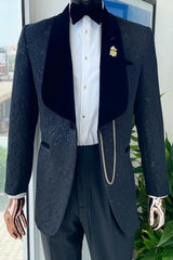 Formal Navy Blue Jacquard Wedding Suit With Black Collar