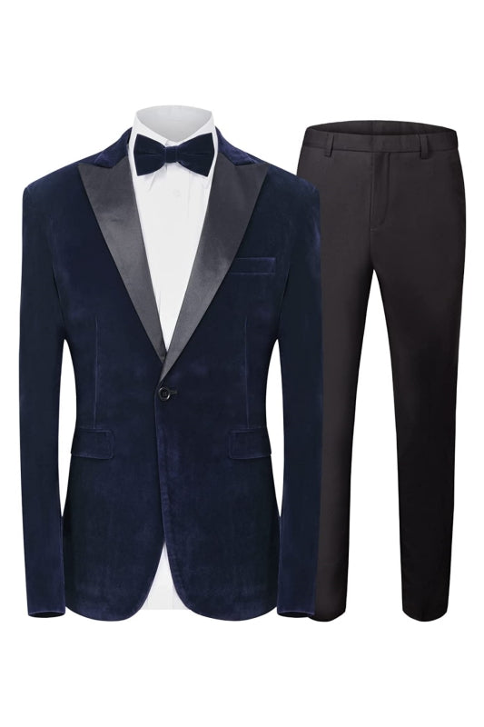 Formal Navy Blue Peaked Lapel Two-Piece Velvet Prom Suit for Men