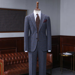 Formal Navy Blue Small Plaid Notched Lapel Slim Fit Custom Suit