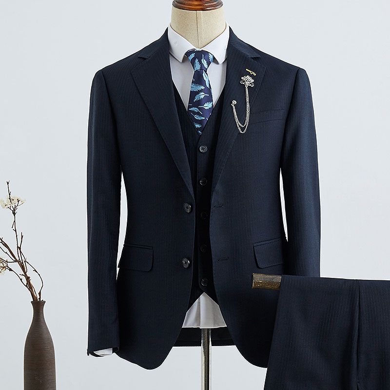Formal Navy Blue Striped Three Pieces Slim Fit Custom Men’s Suit