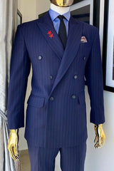 Formal Navy Blue Striped Two-Piece Peaked Lapel Business Suit